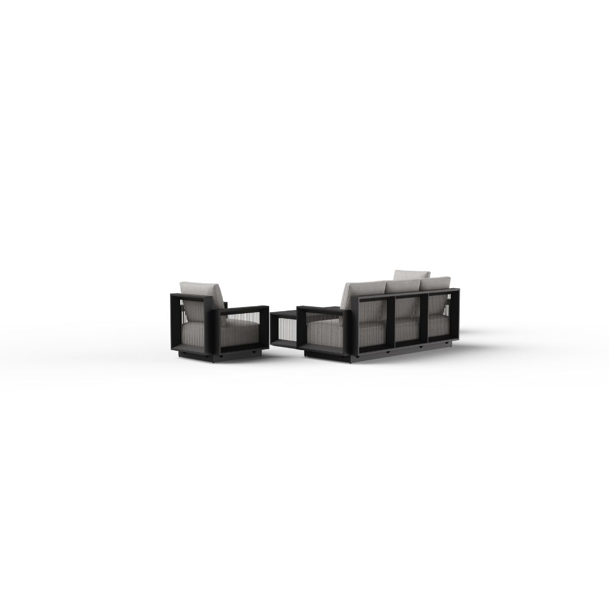 Black wooden frame seating set with light grey cushions on white background