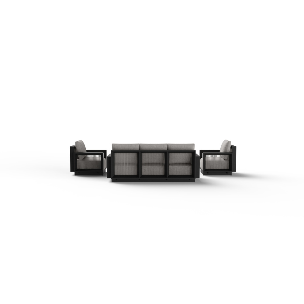 Black framed outdoor seating with beige fabric cushions and rope detail on backs