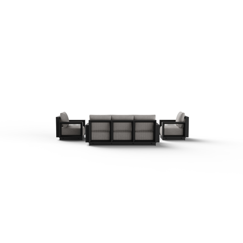 Black framed outdoor seating with beige fabric cushions and rope detail on backs