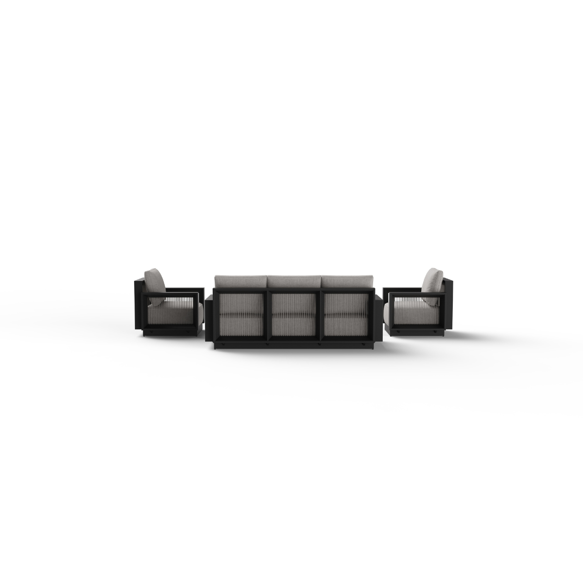 Black framed outdoor seating with beige fabric cushions and rope detail on backs