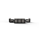Black framed outdoor seating with beige fabric cushions and rope detail on backs