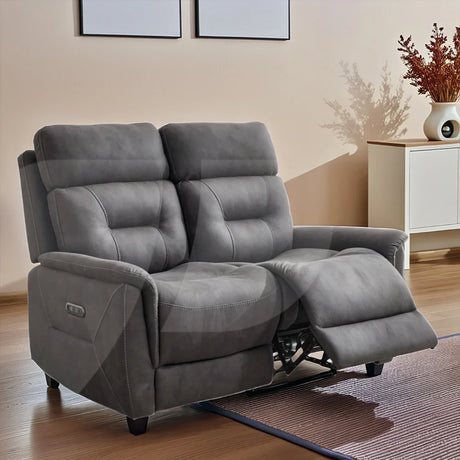 Dark grey fabric recliner sofa for two in modern living room with wooden floor