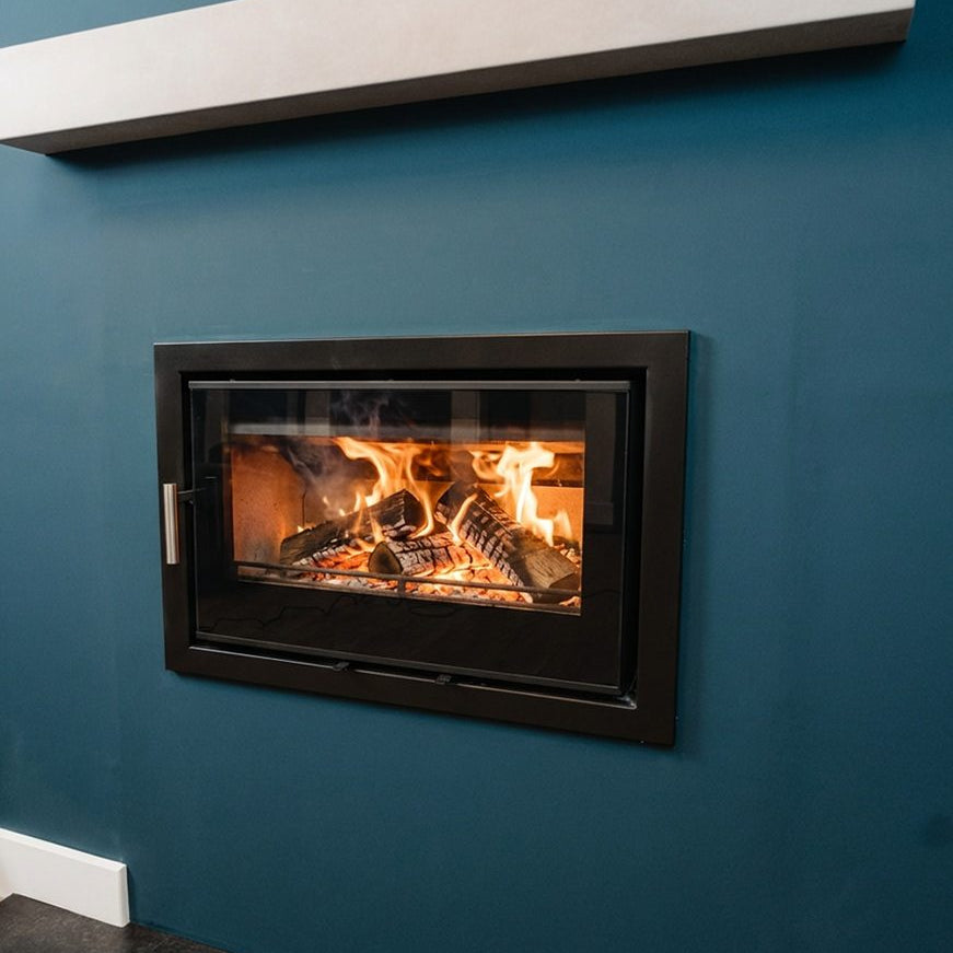 Inset installation of Mourne Eco Inset 700 stove in modern living room