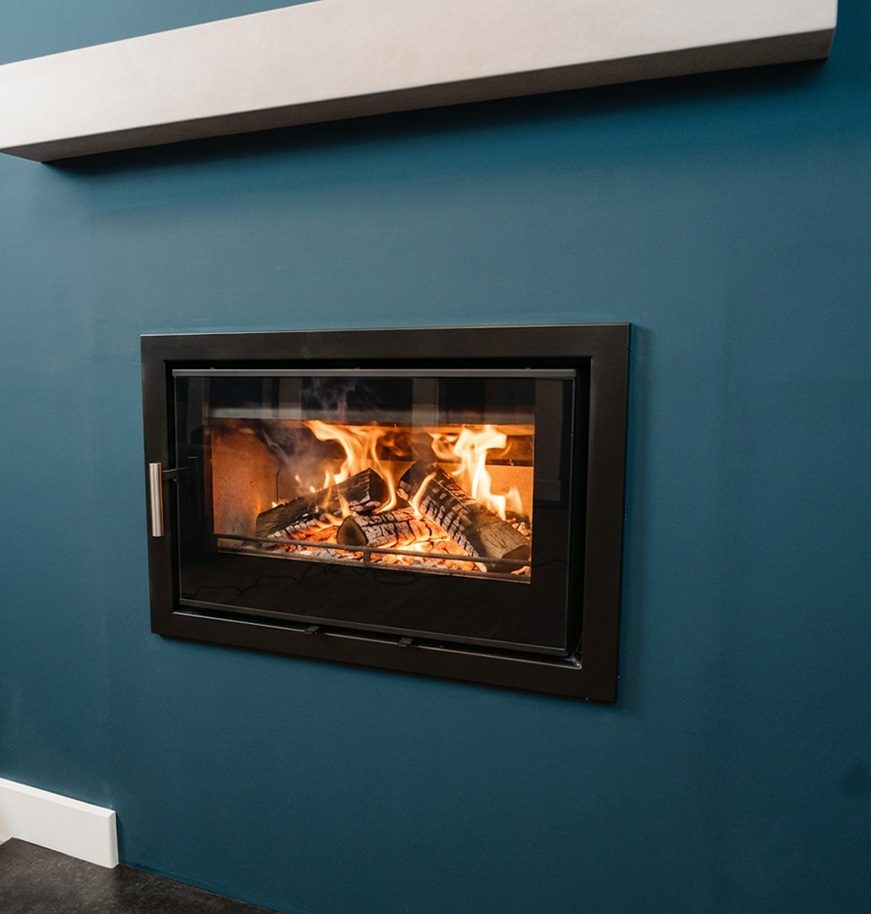Inset installation of Mourne Eco Inset 700 stove in modern living room
