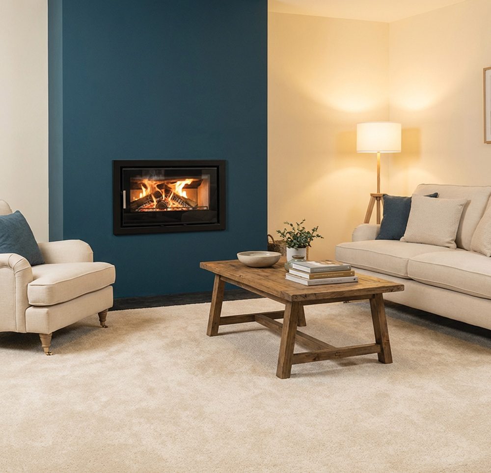Close-up of Mourne Eco Inset 700 stove flame and control system