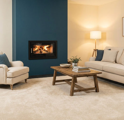 Close-up of Mourne Eco Inset 700 stove flame and control system