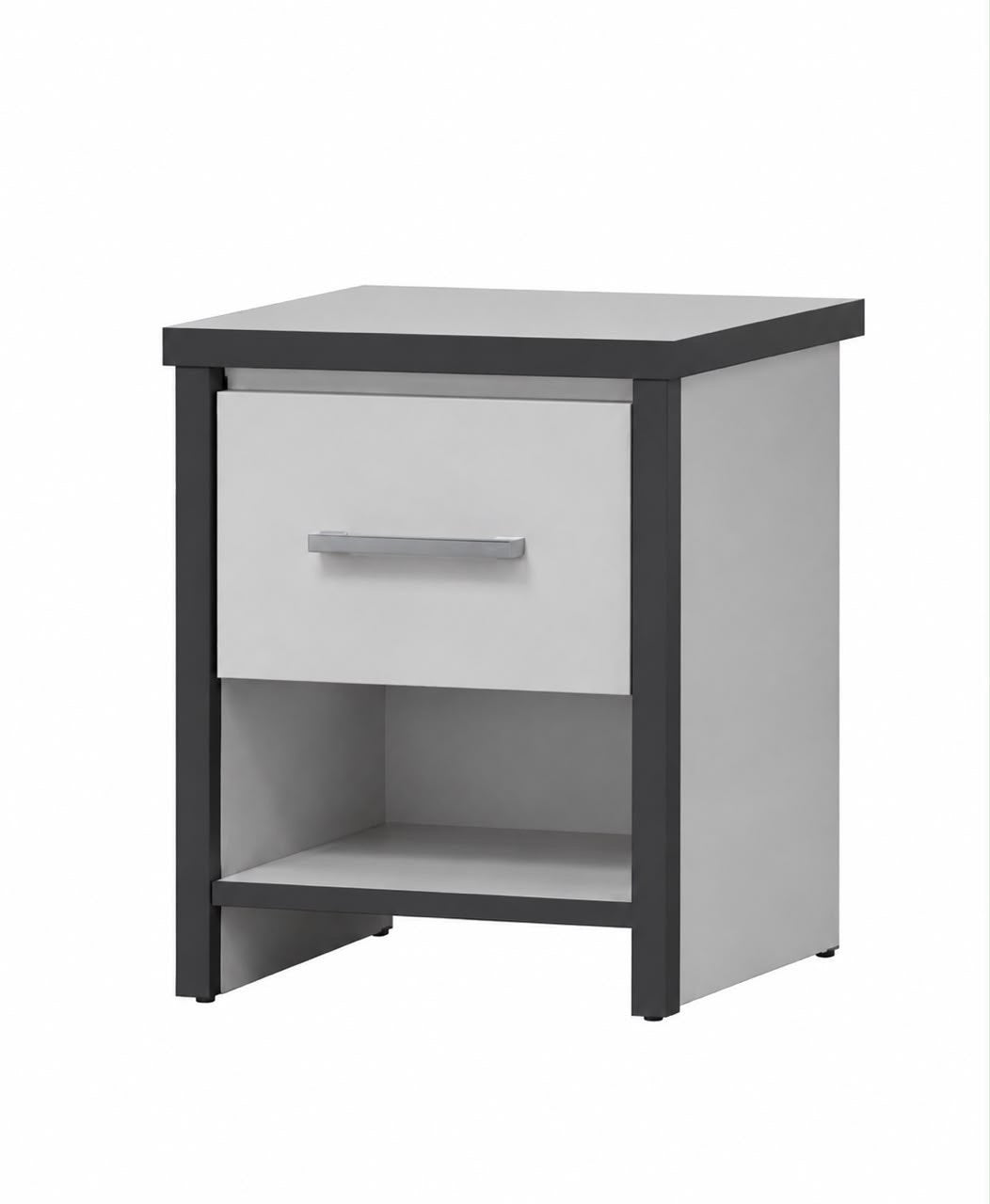 A modern two-tone nightstand with a light gray finish and dark gray frame, featuring a single drawer with a silver handle and an open shelf below.