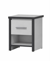 A modern two-tone nightstand with a light gray finish and dark gray frame, featuring a single drawer with a silver handle and an open shelf below.