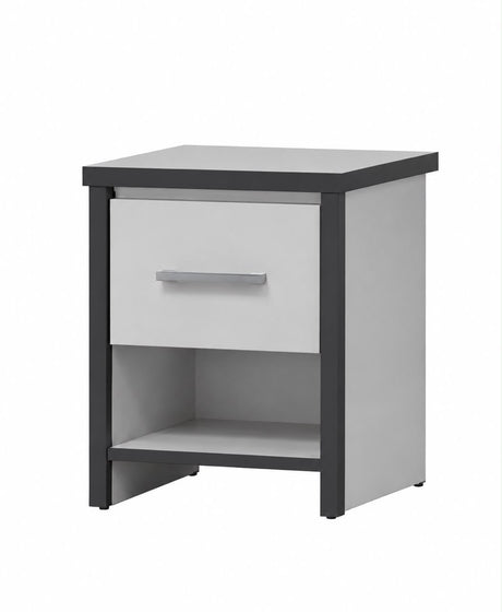 A modern two-tone nightstand with a light gray finish and dark gray frame, featuring a single drawer with a silver handle and an open shelf below.