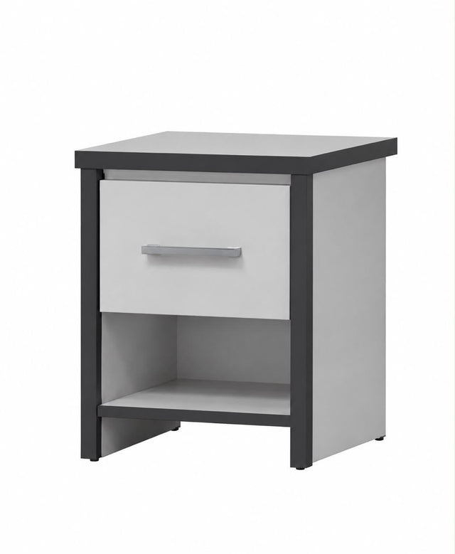 A modern two-tone nightstand with a light gray finish and dark gray frame, featuring a single drawer with a silver handle and an open shelf below.