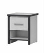 A modern two-tone nightstand with a light gray finish and dark gray frame, featuring a single drawer with a silver handle and an open shelf below.