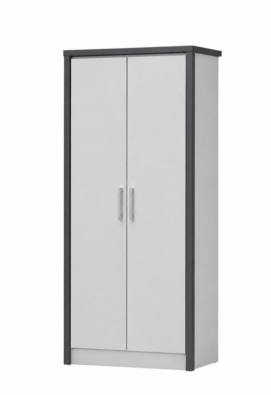 A tall two-door wardrobe or storage cabinet with light gray doors and a dark gray frame, shown on a plain white background.