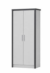 A tall two-door wardrobe or storage cabinet with light gray doors and a dark gray frame, shown on a plain white background.