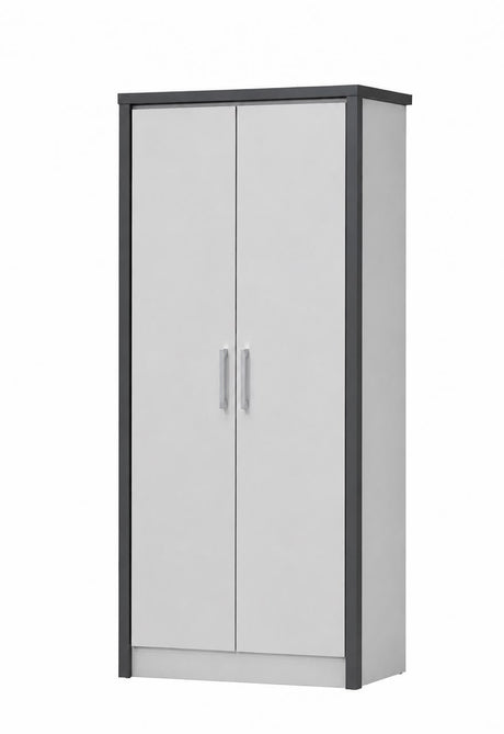 A tall two-door wardrobe or storage cabinet with light gray doors and a dark gray frame, shown on a plain white background.
