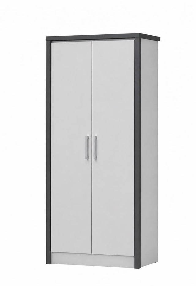 A tall two-door wardrobe or storage cabinet with light gray doors and a dark gray frame, shown on a plain white background.