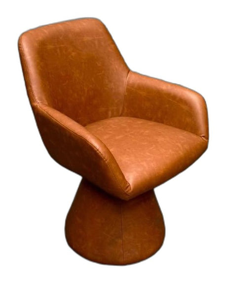 A mid-century modern barrel-style swivel chair upholstered in textured cognac brown faux leather, shown against a plain white background.