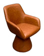 A mid-century modern barrel-style swivel chair upholstered in textured cognac brown faux leather, shown against a plain white background.