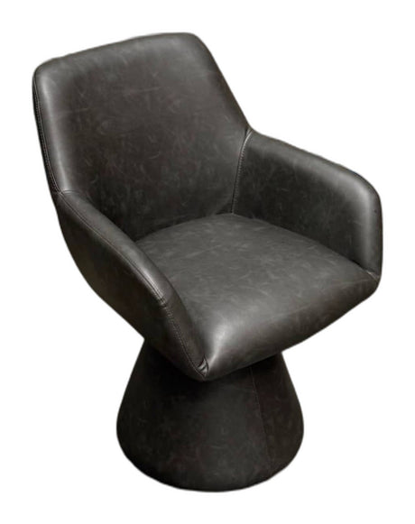 A dark gray faux leather swivel armchair with a textured finish, isolated on a white background.