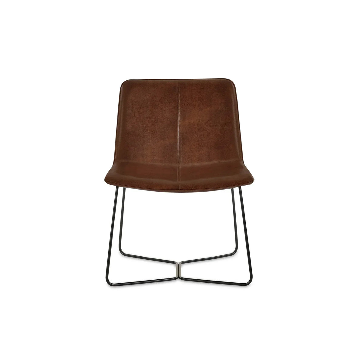 Brown leather dining chair with metal legs shown from the front on white background