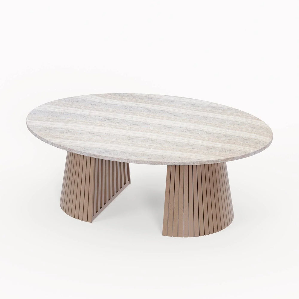 Oval wooden coffee table with slatted base and light wood grain finish on white background