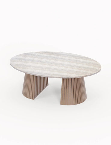 Oval wooden coffee table with slatted base and light wood grain finish on white background