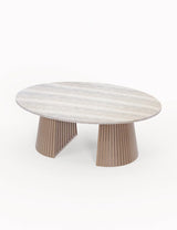 Oval wooden coffee table with slatted base and light wood grain finish on white background