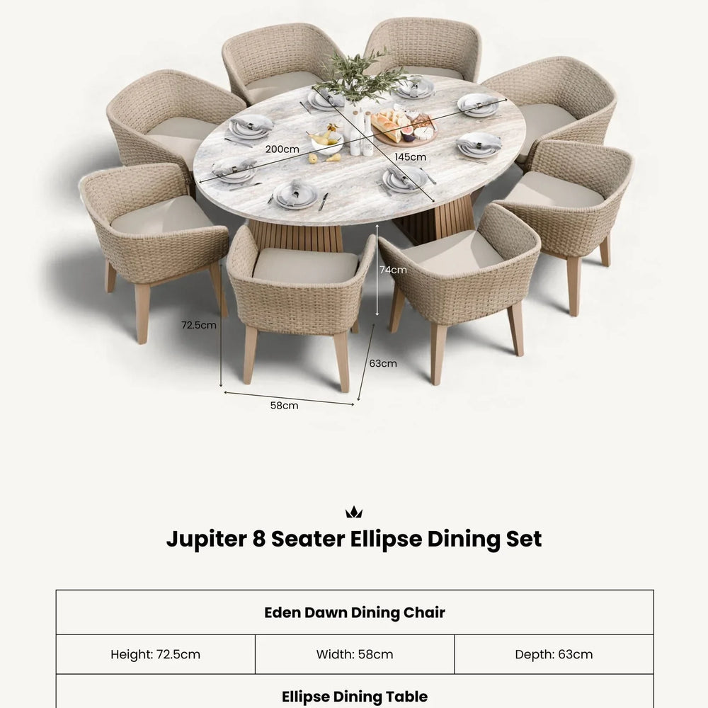 Jupiter 8 seater ellipse dining set with woven chairs and white oval table set for dining
