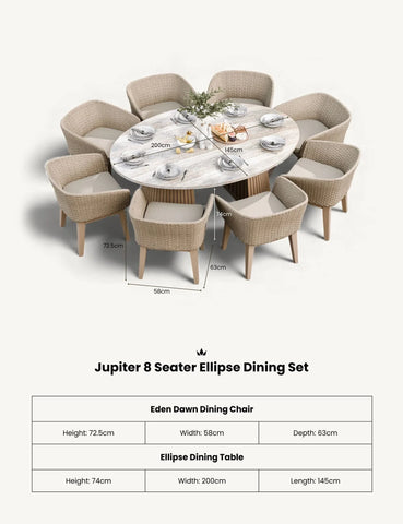 Jupiter 8 seater ellipse dining set with woven chairs and white oval table set for dining
