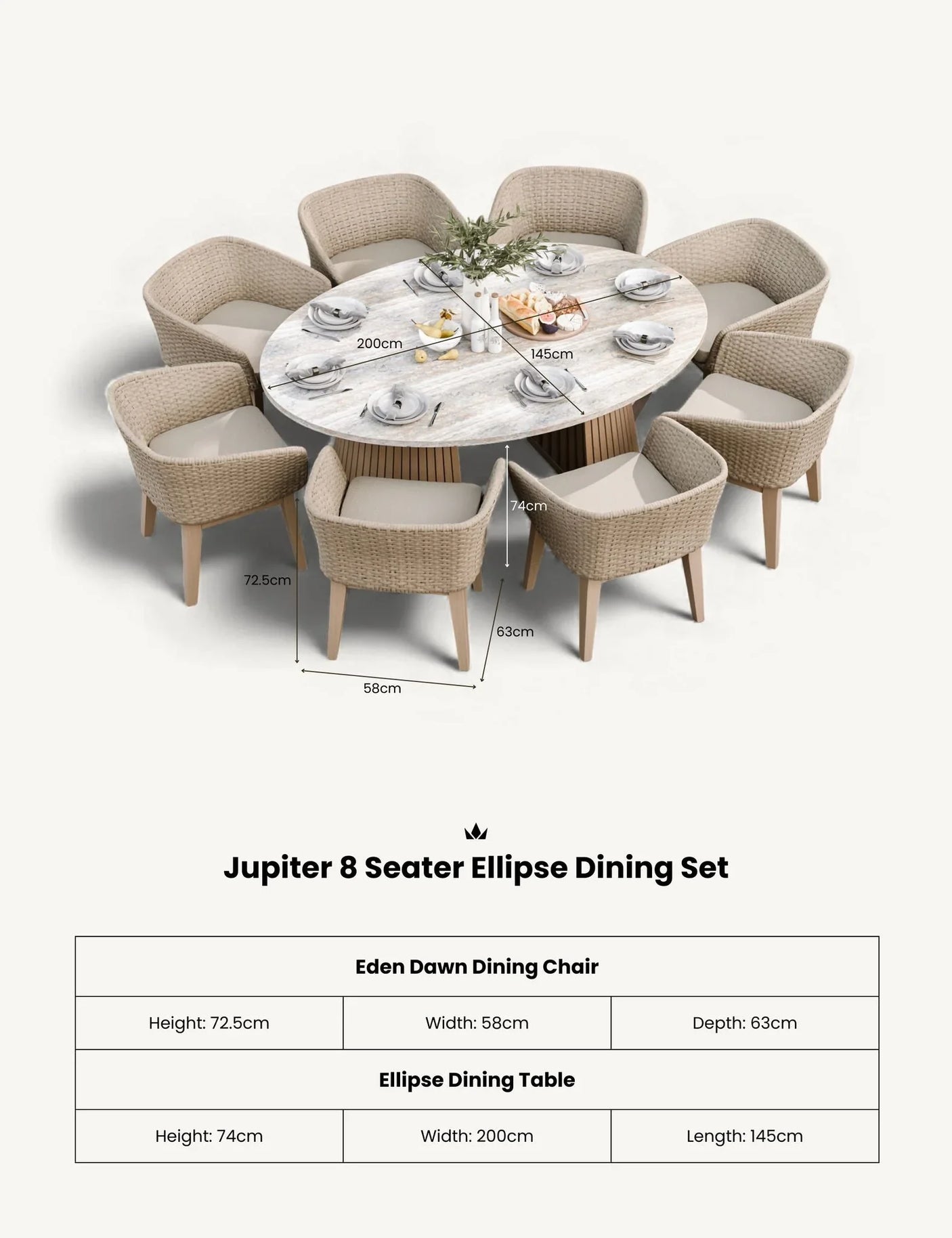 Jupiter 8 seater ellipse dining set with woven chairs and white oval table set for dining