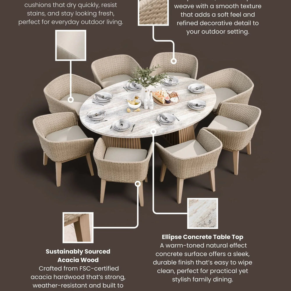 Outdoor dining set with light rattan rope chairs and round ellipse concrete table top