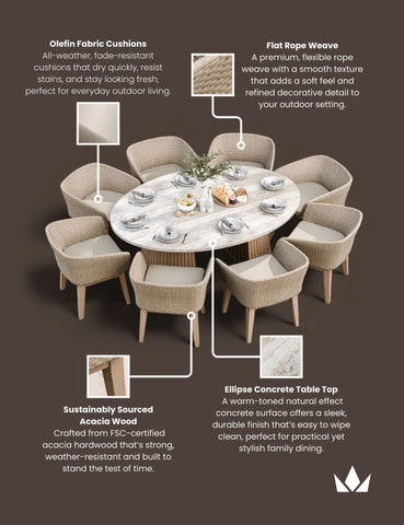 Outdoor dining set with light rattan rope chairs and round ellipse concrete table top