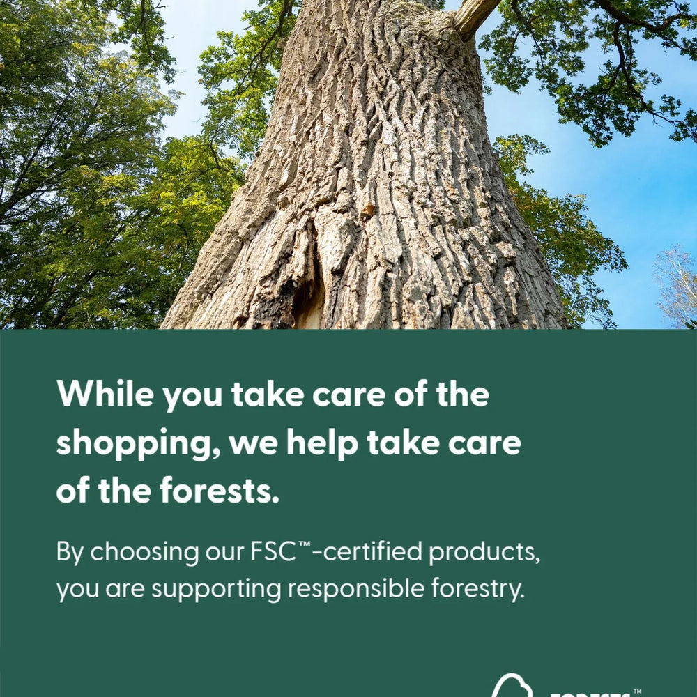 Tall tree with textured bark and green canopy, FSC responsible forestry message overlayed