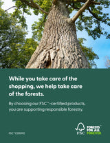 Tall tree with textured bark and green canopy, FSC responsible forestry message overlayed