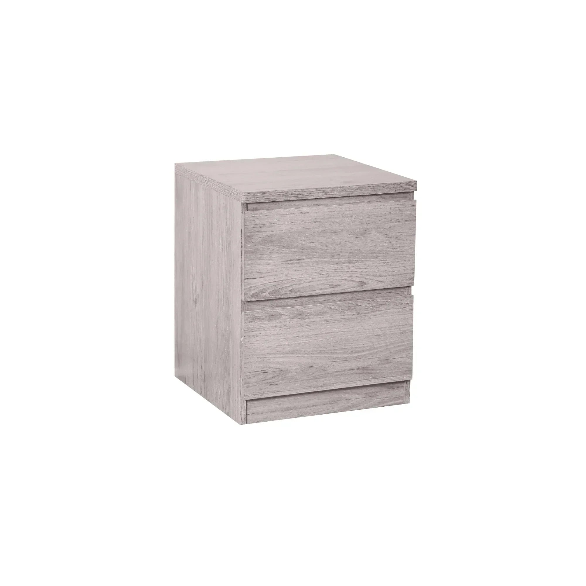 Grey oak 2 drawer bedside table with modern flat front design on white background