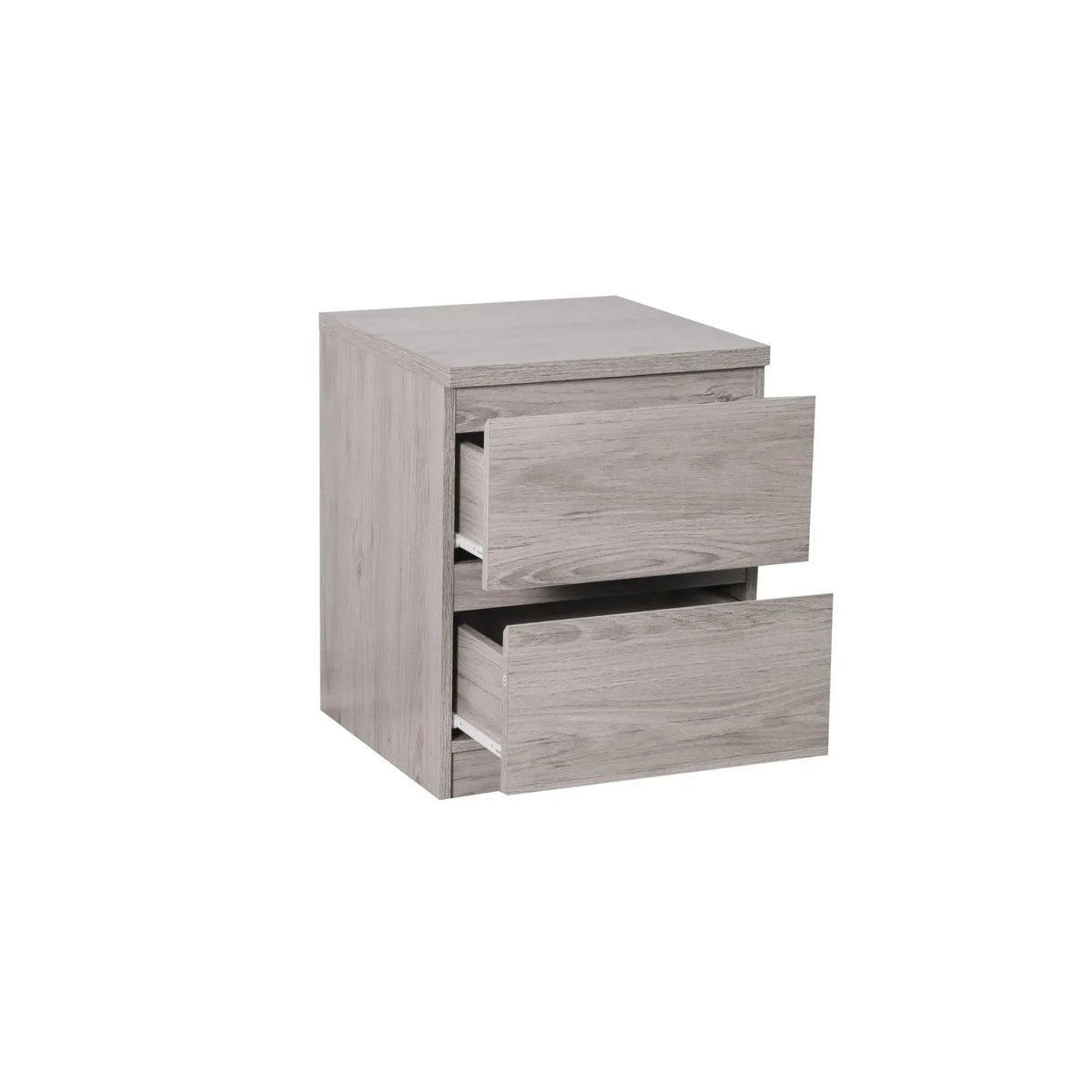 Grey oak two drawer bedside cabinet with both drawers open, modern cutout handle design
