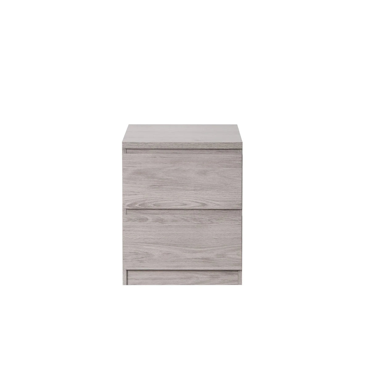 Grey oak two drawer bedside table with minimalist design, front view