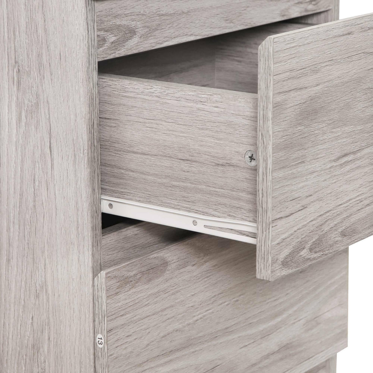 Grey oak two drawer bedside cabinet closeup showing open drawer and wood grain detail