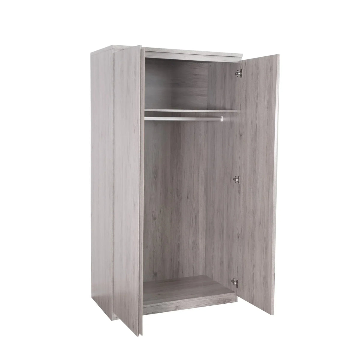 Grey oak 2 door wardrobe with open doors, hanging rail and shelf visible