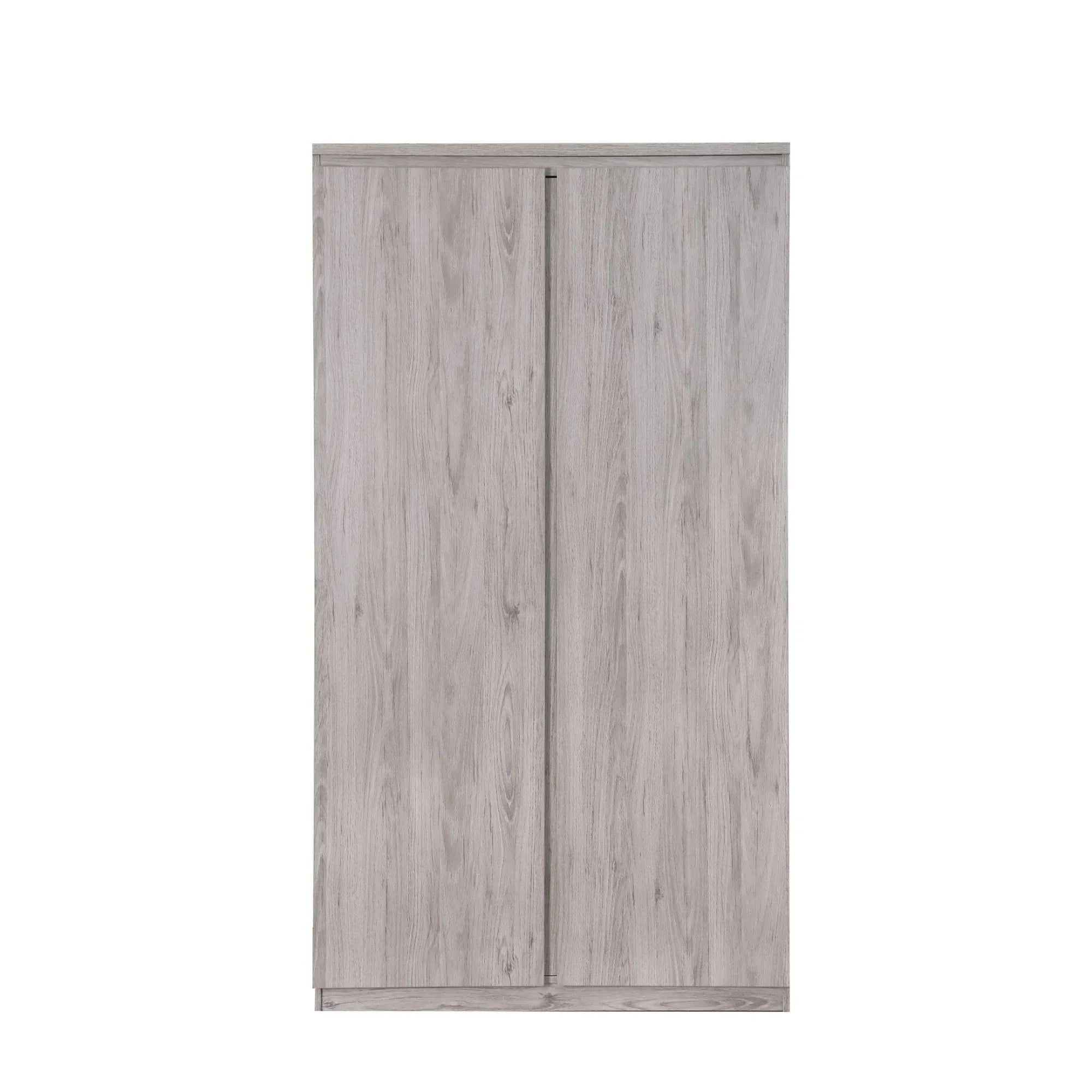 Grey oak 2 door wardrobe with minimalist design, shown from the front against white background