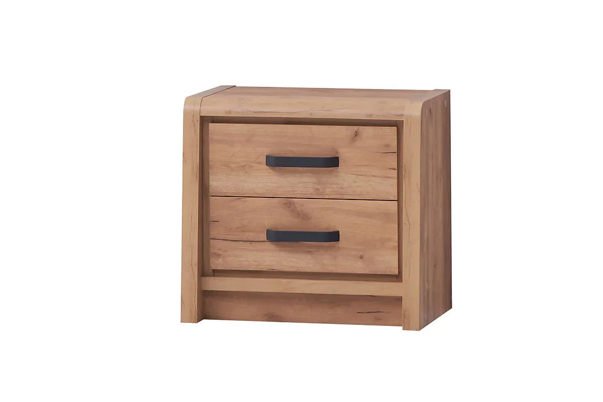 Oak two drawer locker with black handles, modern bedside cabinet design, front view