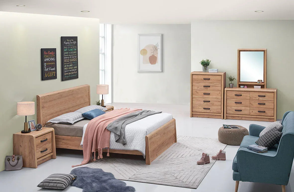 Light oak bedroom furniture set with double bed, nightstands, dresser and mirror