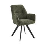 Green upholstered accent chair with black angled legs and padded armrests
