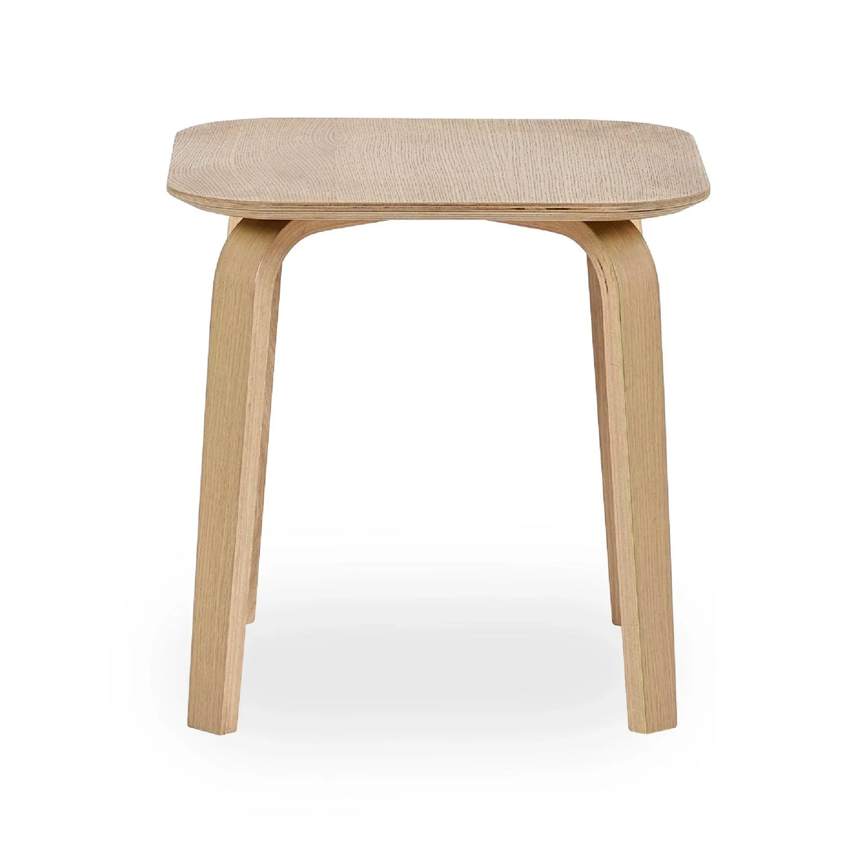 Oak side table with rounded edges and bentwood legs, photographed against a white background