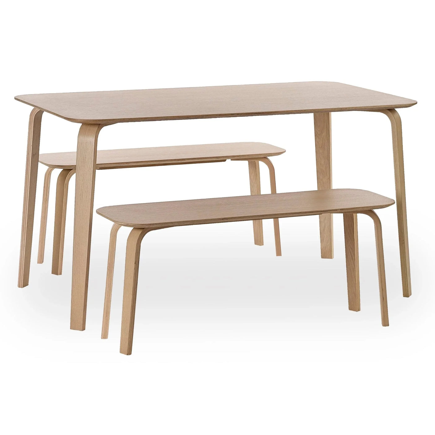 Light wood dining table set with two matching benches, minimalist style, side angle view