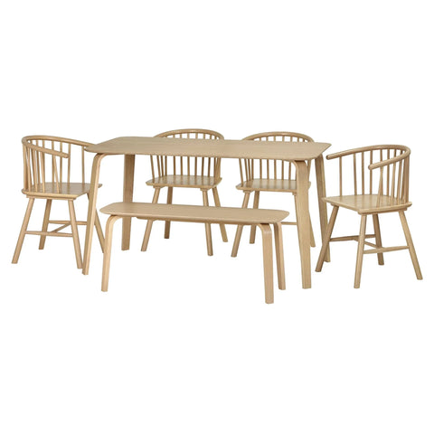 Light wood dining table set with four spindle back chairs and matching bench