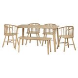 Light wood dining table set with four spindle back chairs and matching bench