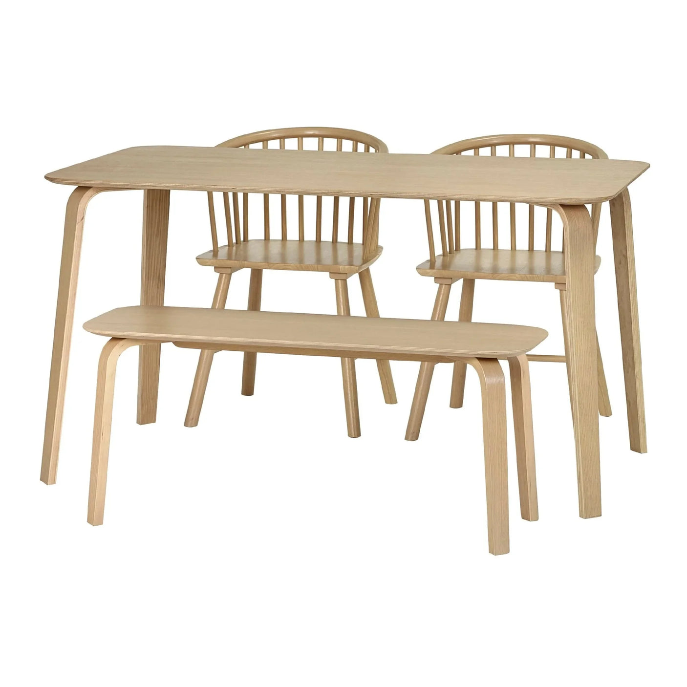 Light wood dining table set with two spindle back chairs and matching bench