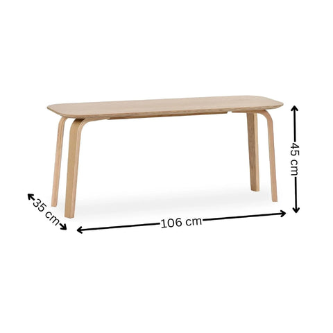 Light wood bench with rounded edges and measurements of 106cm length, 35cm depth, 45cm height