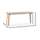 Light wood bench with rounded edges and measurements of 106cm length, 35cm depth, 45cm height