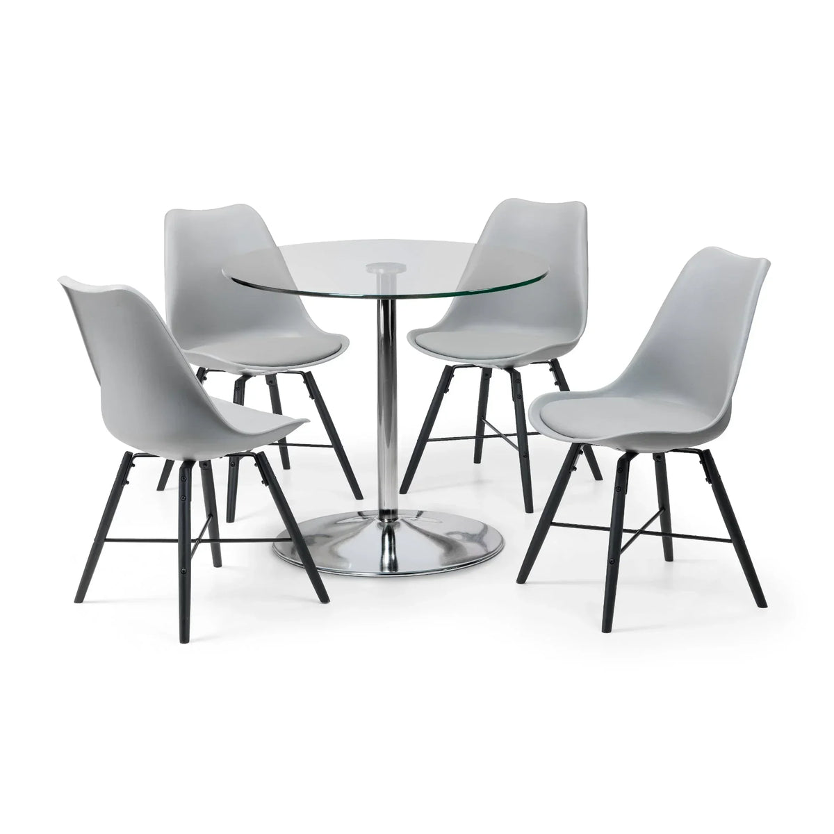 Grey dining chair with curved seat and black angled legs on white background